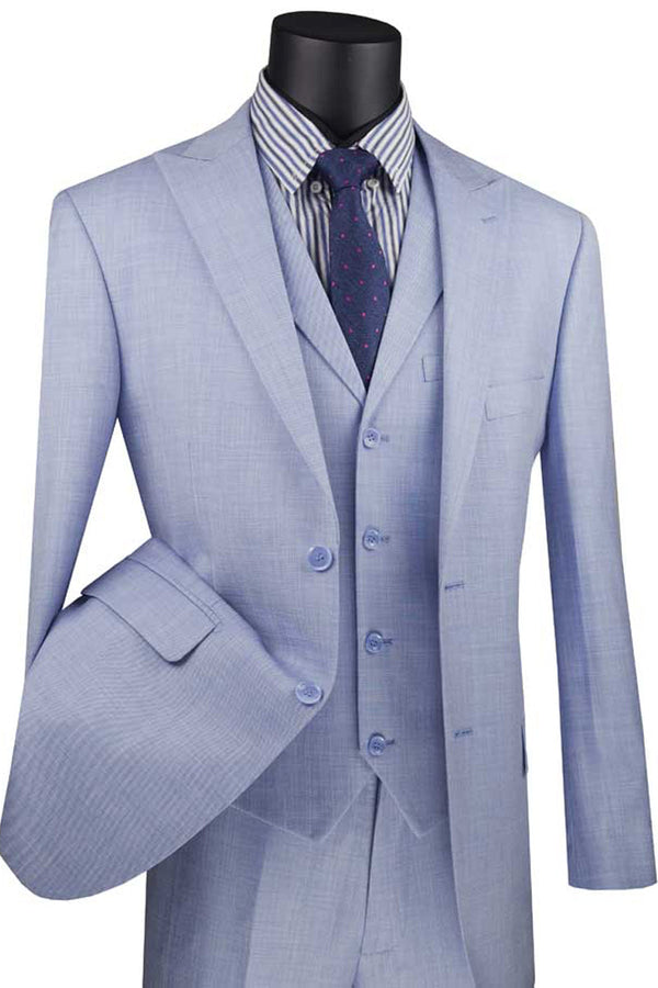 Mens Vested 2 Button Wide Peak Lapel Textured Summer Suit in Blue