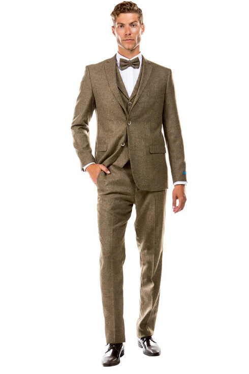 Men's Two Button Vested Vintage Style Tweed Wedding Suit in Tan