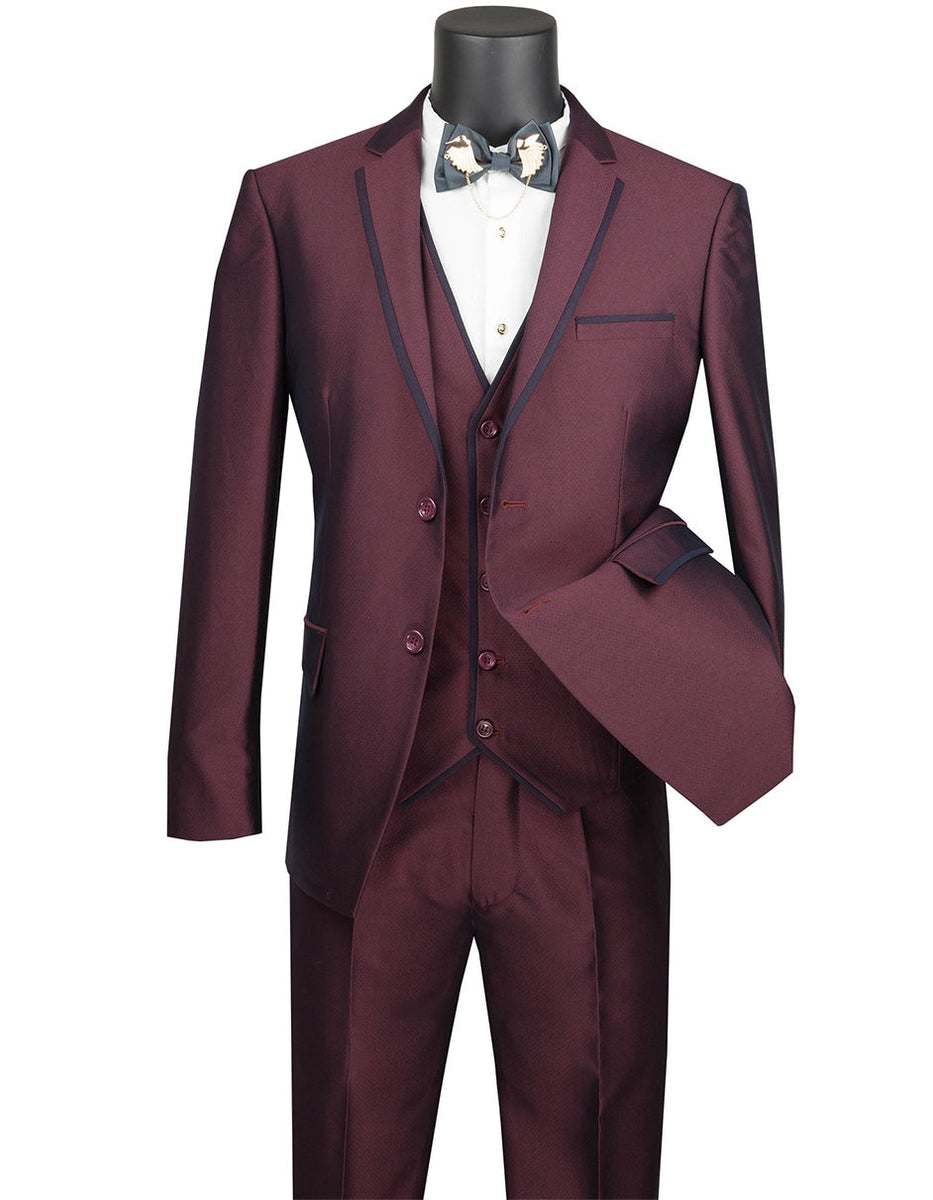 thumbnail image 2 of VINCI Men's Burgundy Sharkskin Banded Collar Slim Fit Tuxedo Suit - 2-Piece, Single-Breasted, Flat-Front - New With Tags 2 of 5