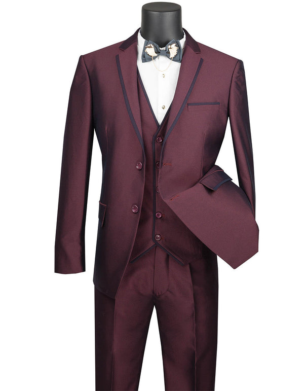 Mens Ultra Slim Fit Sharkskin Tuxedo with Satin Trim in Burgundy