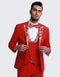 Mens Vested Red Prom Tuxedo with Floral Paisley Peak Lapel and Vest Trim Red Tuxedos for Prom