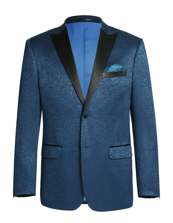 Mens 1 Button Satin Peak Lapel Paisley Prom Ultra Slim Fitted Blazer in Dark Teal