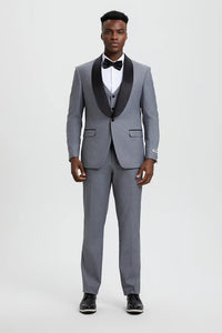 Mens Gray Tuxedo - Grey Wedding Suit-Mens  Stacy Adams Vested  One Button  Shawl Lapel Designer Tuxedo In  Grey