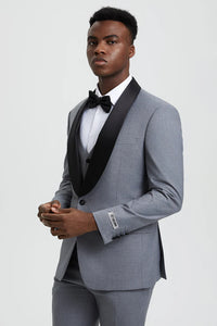 Mens Gray Tuxedo - Grey Wedding Suit-Mens  Stacy Adams Vested  One Button  Shawl Lapel Designer Tuxedo In  Grey