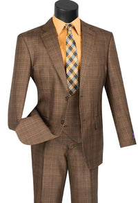 Renaissance Collection - Regular Fit Glen Plaid 3 Piece Suit Chestnut
