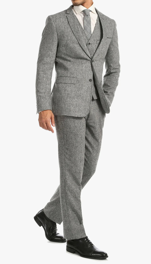 Men’s Grey Tweed Three Piece Suit – Vintage British Fabric Slim Fit Wedding & Business Wear