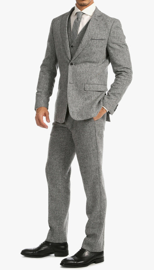 Men’s Grey Tweed Three Piece Suit – Vintage British Fabric Slim Fit Wedding & Business Wear