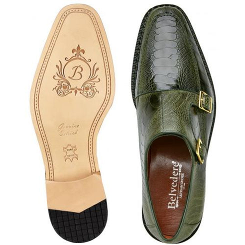 Belvedere Valiente Antique Forest Green Genuine Ostrich Leg Double Monk Strap Shoes