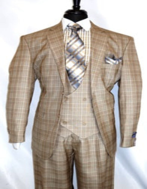 Plaid Suit For Summer - Khaki Color Suit - Camel Suit With Double Breasted Vest in Dark Tan Color