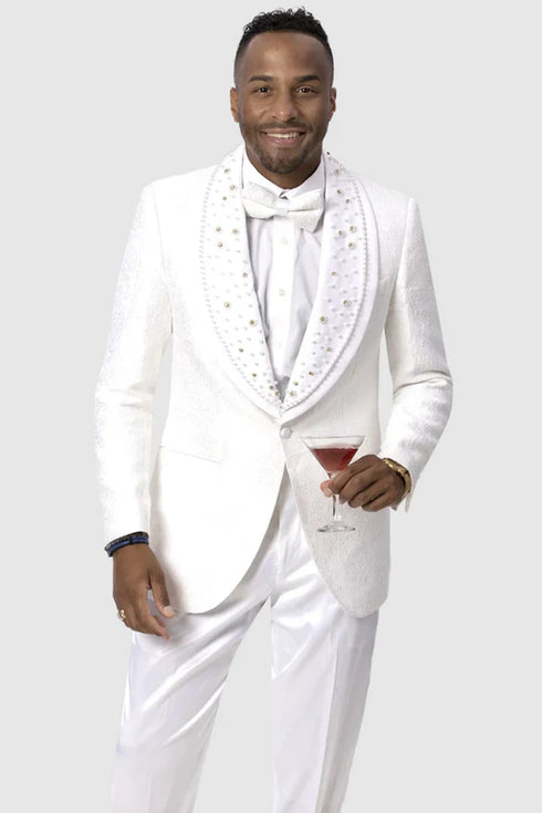 All White Mens Tuxedo -  Wedding Suit - Mens Paisley Lace Style Prom Tuxedo Dinner Jacket With Diamond Lapel In White