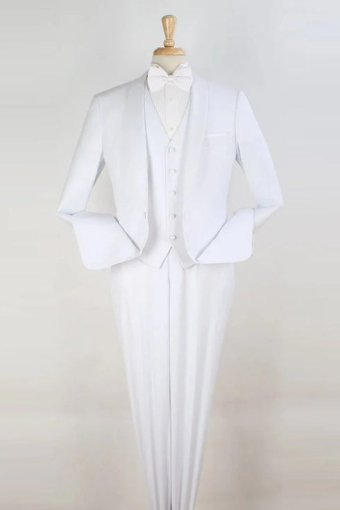 All White Mens Tuxedo -  Wedding Suit - Mens One Button Modern Fit Vested Shawl Tuxedo In White