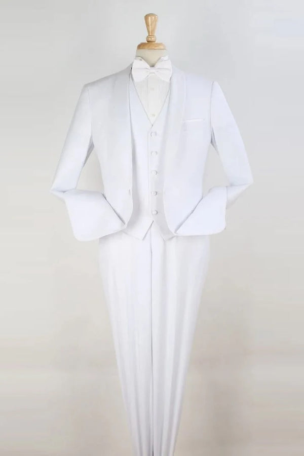 All White Mens Tuxedo -  Wedding Suit - Mens One Button Modern Fit Vested Shawl Tuxedo In White