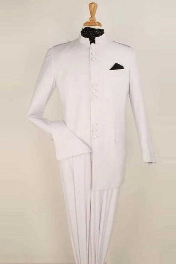 White Wedding Suit For Men - Perfect For Groom - Mens Classic Military Banded Collar Mandarin Safari Suit In White