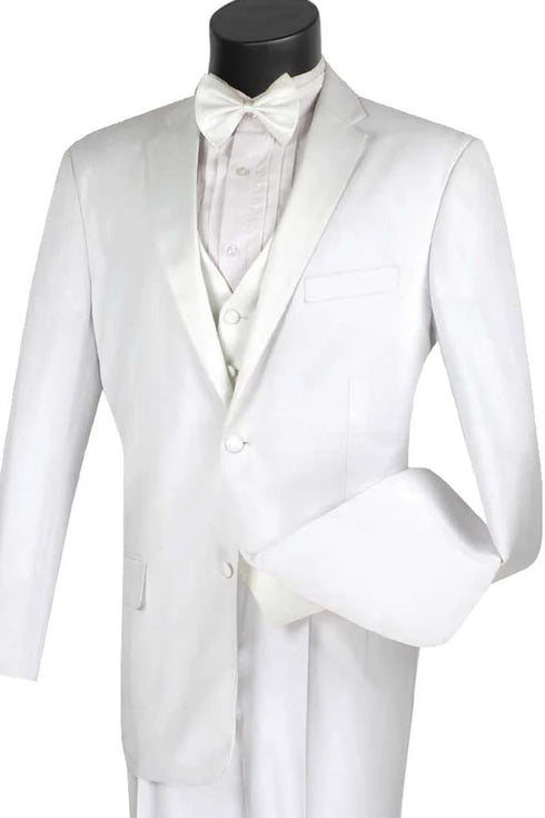 All White Mens Tuxedo -  Wedding Suit - Mens 2 Button Vested Classic Tuxedo In White