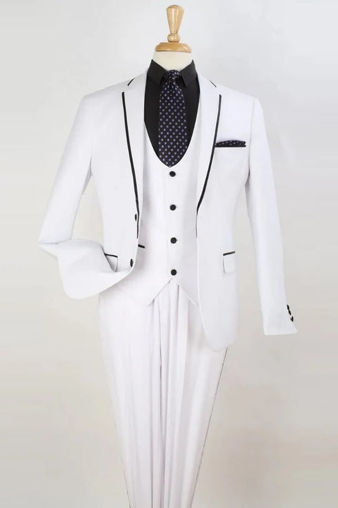 All White Mens Tuxedo -  Wedding Suit - Mens Two Button Slim Fit Vested Prom Tuxedo Suit With Trim In White