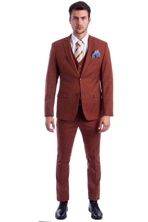 Men's Two Button Slim Fit Vested Solid Basic Color Suit In Light Brown Rust