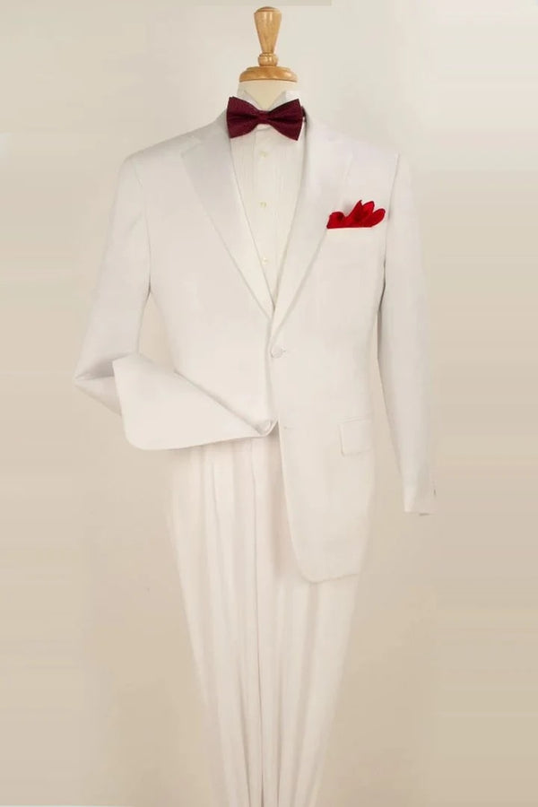 All White Mens Tuxedo -  Wedding Suit - Mens Classic Fit 2 Button Pleated Pant Poplin Tuxedo In White