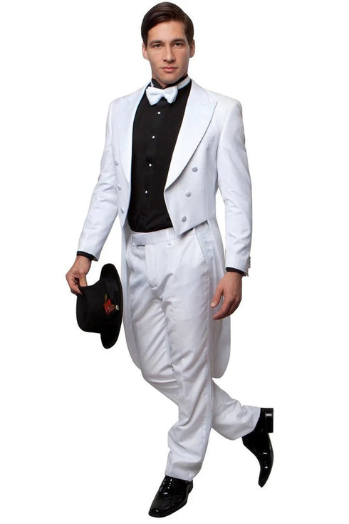 All White Mens Tuxedo -  Wedding Suit -Men's Classic Designer Long Tail Tuxedo In White