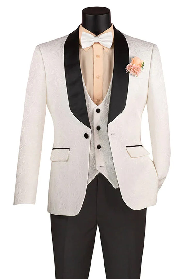 All White Mens Tuxedo -  Wedding Suit - Men's Slim Fit Vested Paisley Wedding Tuxedo In White