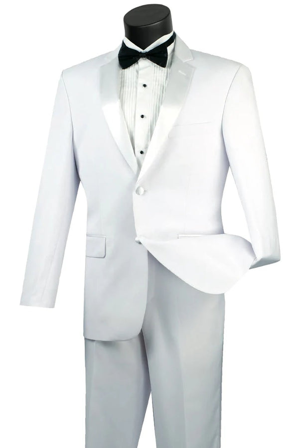 All White Mens Tuxedo -  Wedding Suit - Mens Modern Fit 2 Button Tuxedo In White