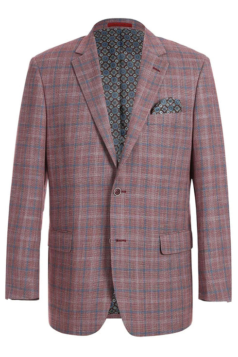 Mens Two Button Classic Fit Sport Coat Blazer In Burgundy Red Windowpane Plaid