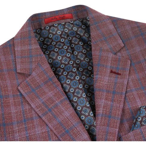 Mens Two Button Classic Fit Sport Coat Blazer In Burgundy Red Windowpane Plaid