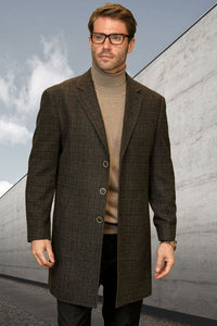 Men's Designer 100% Wool Winter Car Coat in Brown Plaid