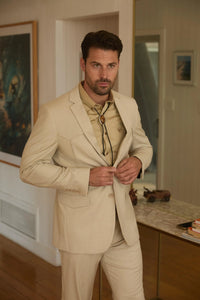 Mens Western Beige Suit with Elbow Patches – Classic Smart Casual Style