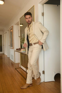 Mens Western Beige Suit with Elbow Patches – Classic Smart Casual Style