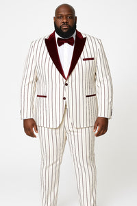Mens White and Burgundy Pinstripe Tuxedo with Velvet Shawl Lapel and Matching Bow Tie