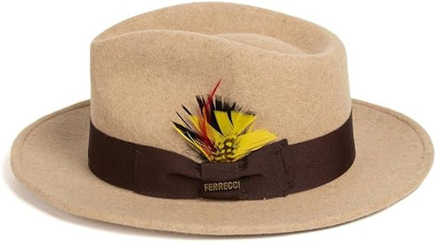 Gangster 100% Austrailian Wool Crushable Mens Fedora Hat - Removable Feather Gangster Beige Melange Mens Fedora Hat