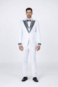 Men’s White Peak Lapel Tuxedo Set with Stones – 4 Pieces