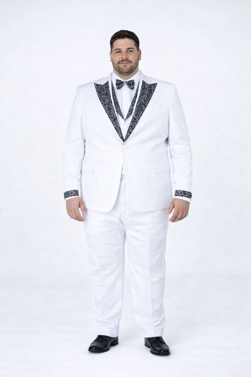 Men’s White Peak Lapel Tuxedo Set with Stones – 4 Pieces