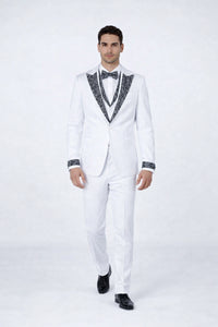 Men’s White Peak Lapel Tuxedo Set with Stones – 4 Pieces