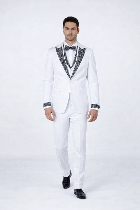Men’s White Peak Lapel Tuxedo Set with Stones – 4 Pieces