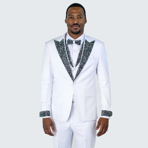 Men’s White Peak Lapel Tuxedo Set with Stones – 4 Pieces