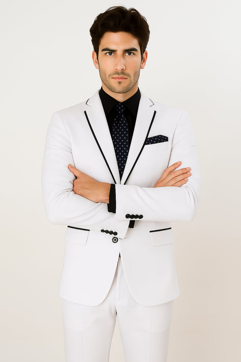All White Mens Tuxedo -  Wedding Suit - Mens Two Button Slim Fit Vested Prom Tuxedo Suit With Trim In White