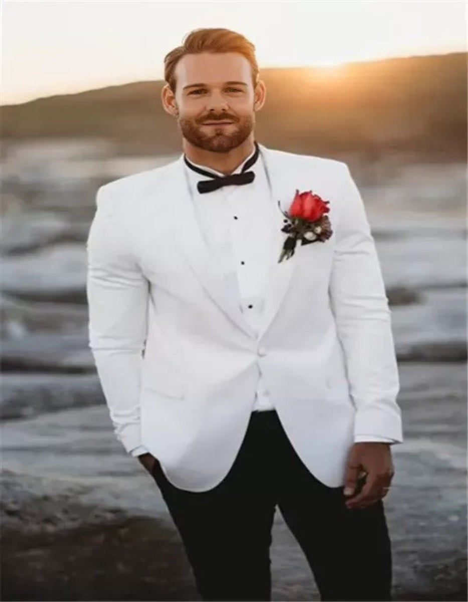 White Mens Wedding Suits Groom Tuxedos Vintage Two Pieces Slim Fit Gro ...