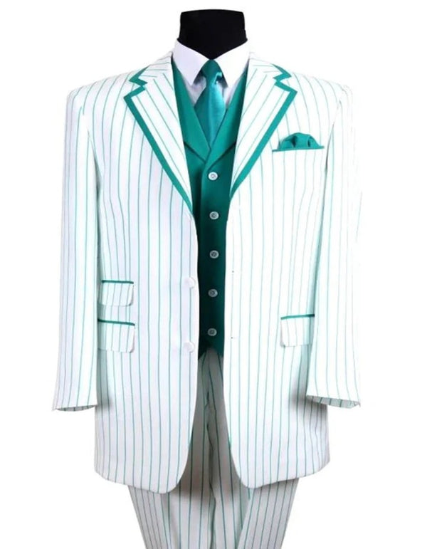 Mens Three Button Vested Barbershop Quarter Turquoise Pinstripe White Suit