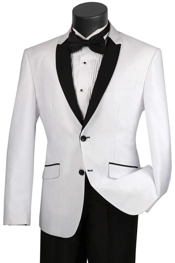 Mens 2 Buttton Slim Contrast Peak Lapel Side Vents Tuxedo in White