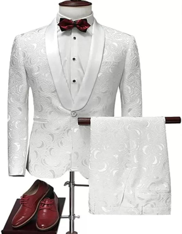 Latest White Jacquard Suits for Wedding Tuxedos Groom Wear Shawl Lapel Groomsmen Outfit Man Blazers 3Piece