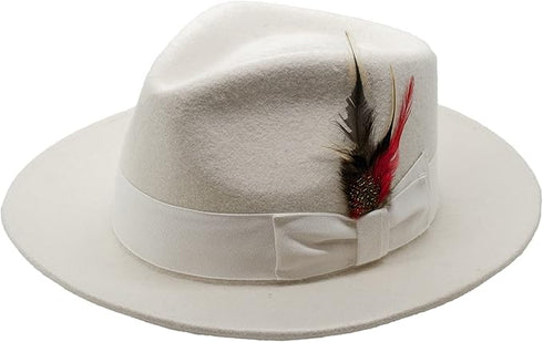 Gangster 100% Austrailian Wool Crushable Mens Fedora Hat - Removable Feather Gangster White Mens Fedora Hat