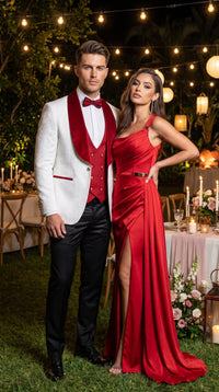 Marco Lorenzo Premium White Paisley 4 Piece Suit with Red Velvet Shawl Lapel and Matching Bow Tie