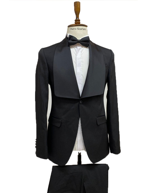 Mens Vested Designer Wide Square Shawl Tuxedo in Black