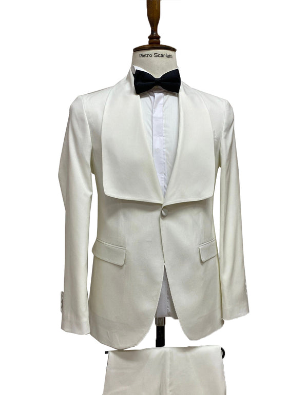 Mens Vested Designer Wide Square Shawl Tuxedo in Ivory