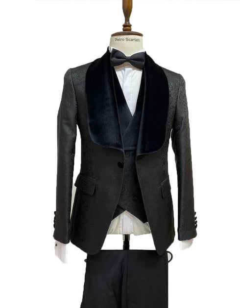 Mens Vested Designer Wide Velvet Shawl Tuxedo in Black Paisley