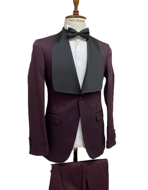 Mens Vested Designer Wide Shawl Tuxedo in Burgundy