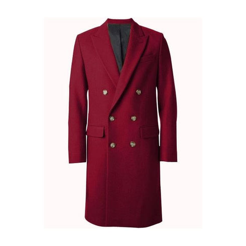 Mens Overcoat Double Breasted Top Coat ~ Wide Peak Lapel six buttons Burgundy Coat