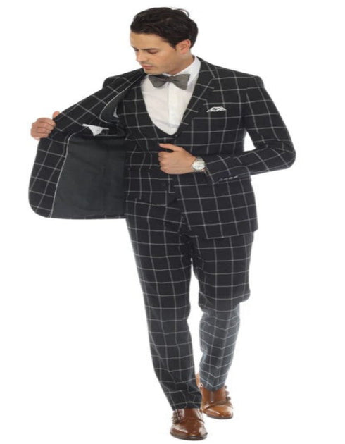 Mens Plaid Suit - Windowpane Pattern With Vest - Business Suit Hunter Green