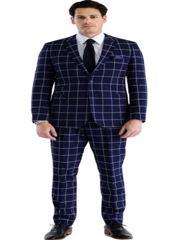 Mens Plaid Suit - Windowpane Pattern With Vest - Business Suit Navy